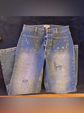 New frayed jean denim flare ankle pants fly buttons